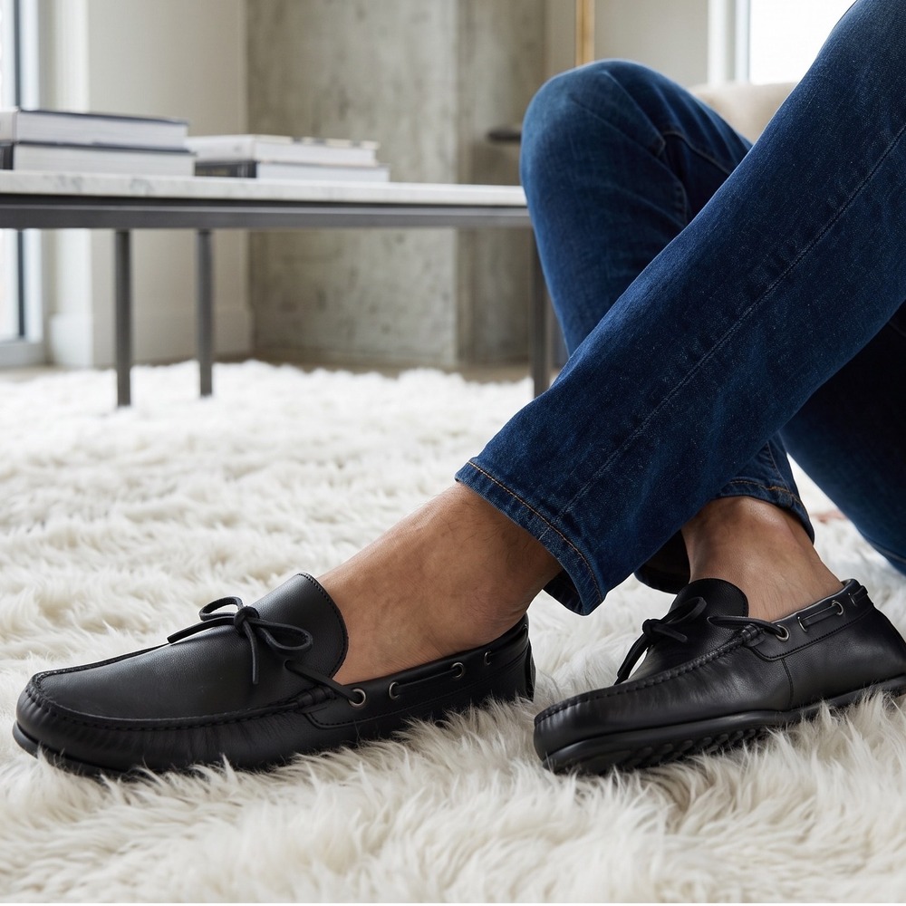 M.Gemi Mens Black Leather Driving Loafers Made in Italy Slip On Shoes Moc Toe